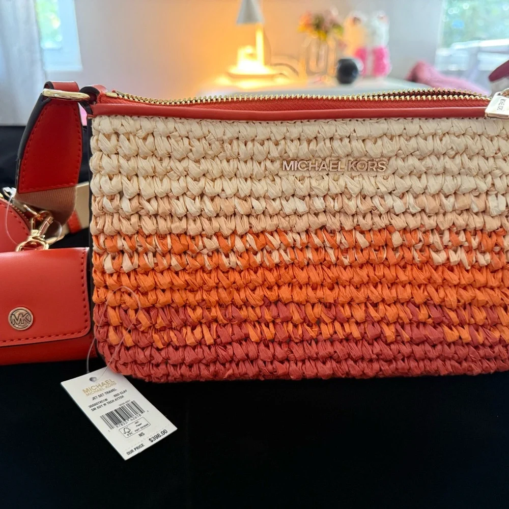 Michael Kors Orange and Cream Woven Crossbody Bag - Picture 2 of 10